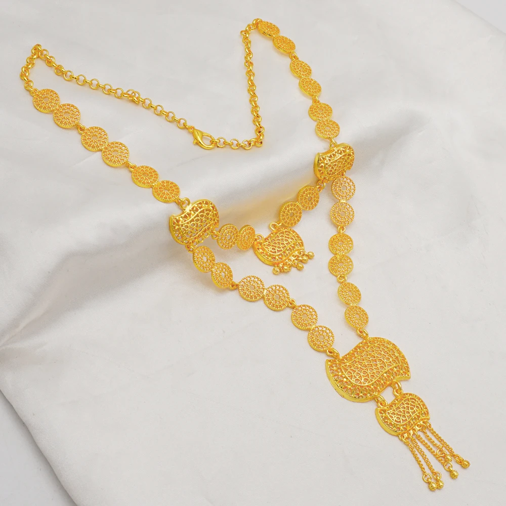 Indian Dubai Gold Color Jewelry Set For Women Bridal Long Necklace Set Nigerian Choker Necklace Bracelet Earring Ring Sets