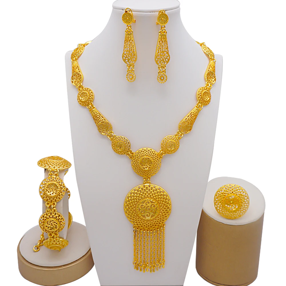 Indian Dubai Gold Color Jewelry Set For Women Bridal Long Necklace Set Nigerian Choker Necklace Bracelet Earring Ring Sets