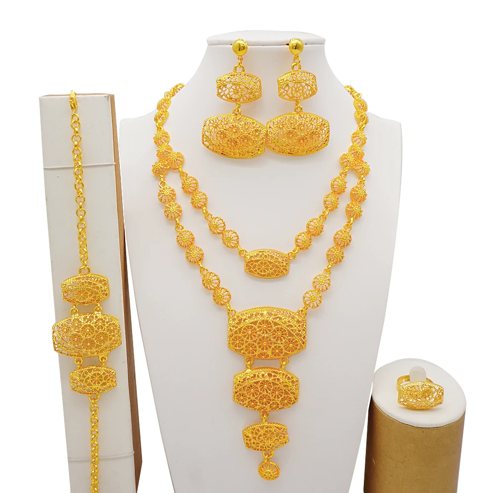 Indian Dubai Gold Color Jewelry Set For Women Bridal Long Necklace Set Nigerian Choker Necklace Bracelet Earring Ring Sets