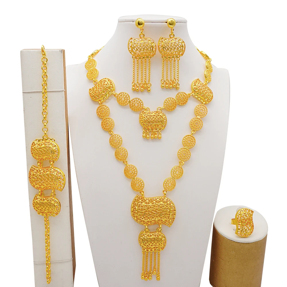 Indian Dubai Gold Color Jewelry Set For Women Bridal Long Necklace Set Nigerian Choker Necklace Bracelet Earring Ring Sets