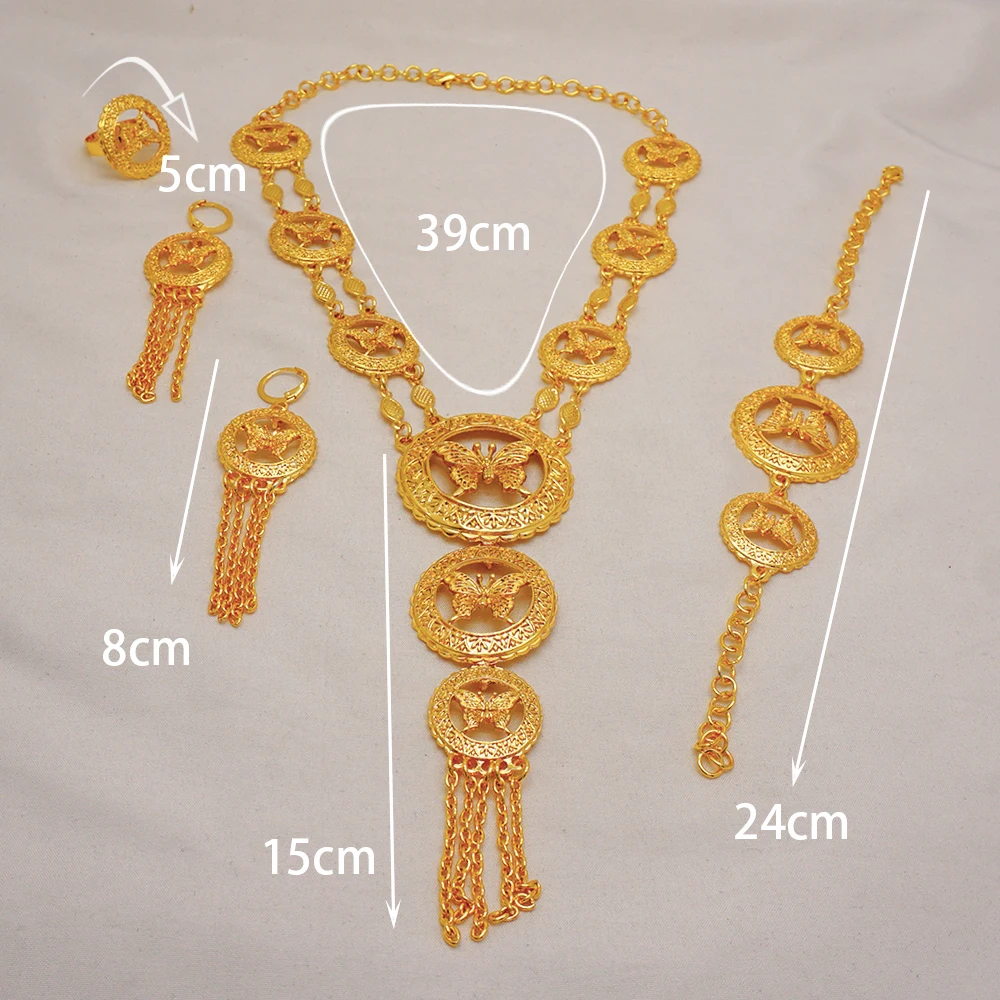 Indian Dubai Gold Color Jewelry Set For Women Bridal Long Necklace Set Nigerian Choker Necklace Bracelet Earring Ring Sets