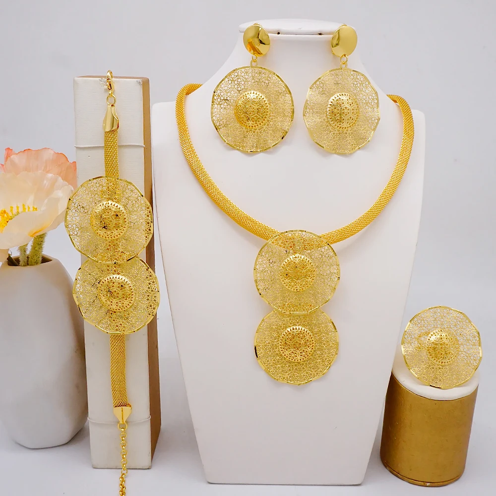 Indian Dubai Gold Color Jewelry Set For Women Bridal Long Necklace Set Nigerian Choker Necklace Bracelet Earring Ring Sets