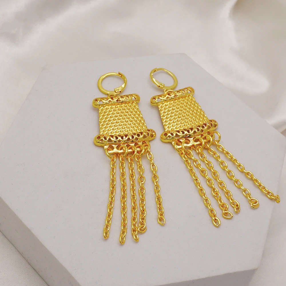 Indian Dubai Gold Color Jewelry Set For Women Bridal Long Necklace Set Nigerian Choker Necklace Bracelet Earring Ring Sets