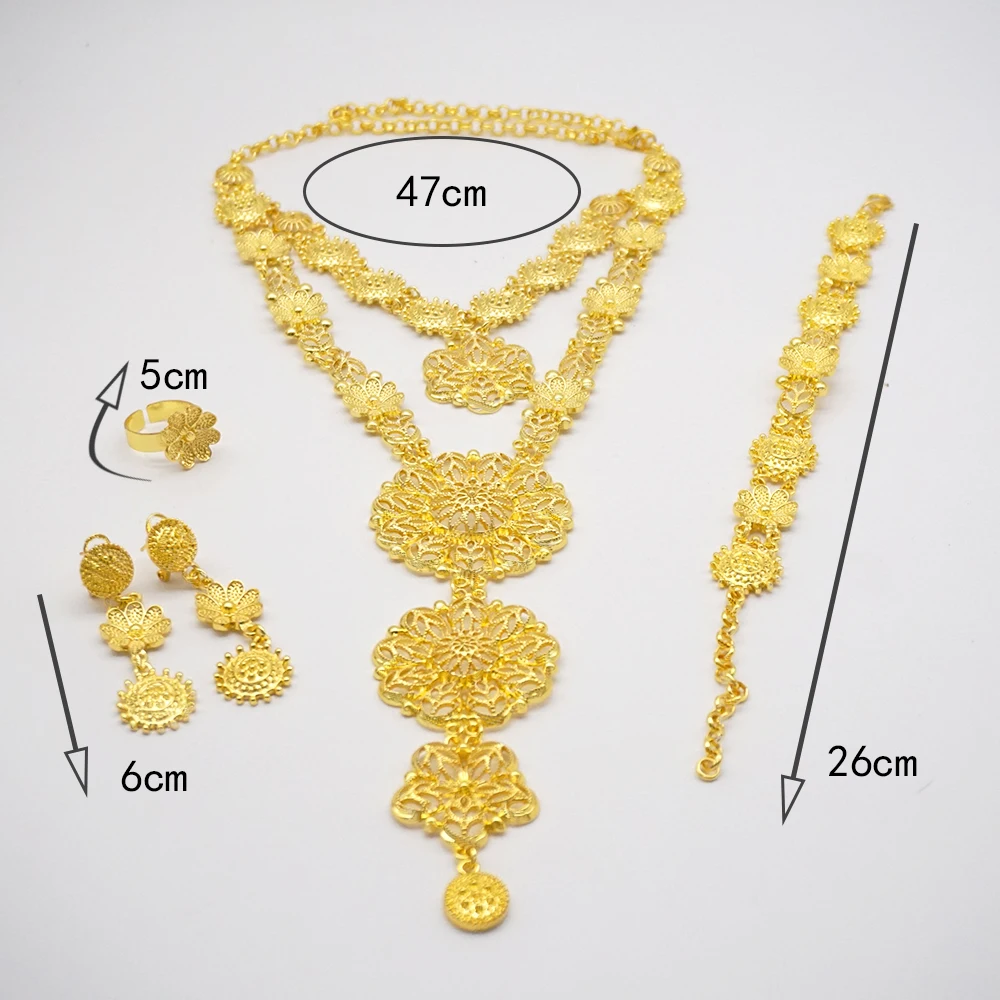 Indian Dubai Gold Color Jewelry Set For Women Bridal Long Necklace Set Nigerian Choker Necklace Bracelet Earring Ring Sets