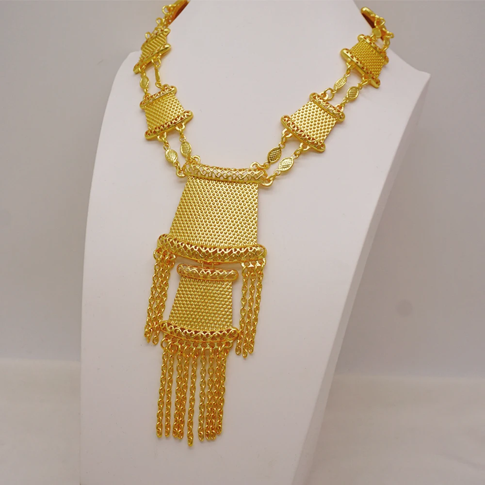 Indian Dubai Gold Color Jewelry Set For Women Bridal Long Necklace Set Nigerian Choker Necklace Bracelet Earring Ring Sets
