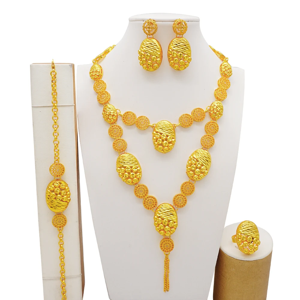 Indian Dubai Gold Color Jewelry Set For Women Bridal Long Necklace Set Nigerian Choker Necklace Bracelet Earring Ring Sets