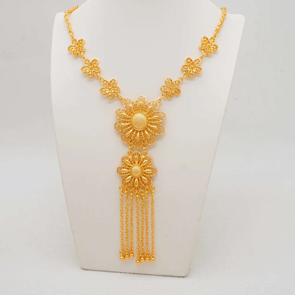 Indian Dubai Gold Color Jewelry Set For Women Bridal Long Necklace Set Nigerian Choker Necklace Bracelet Earring Ring Sets