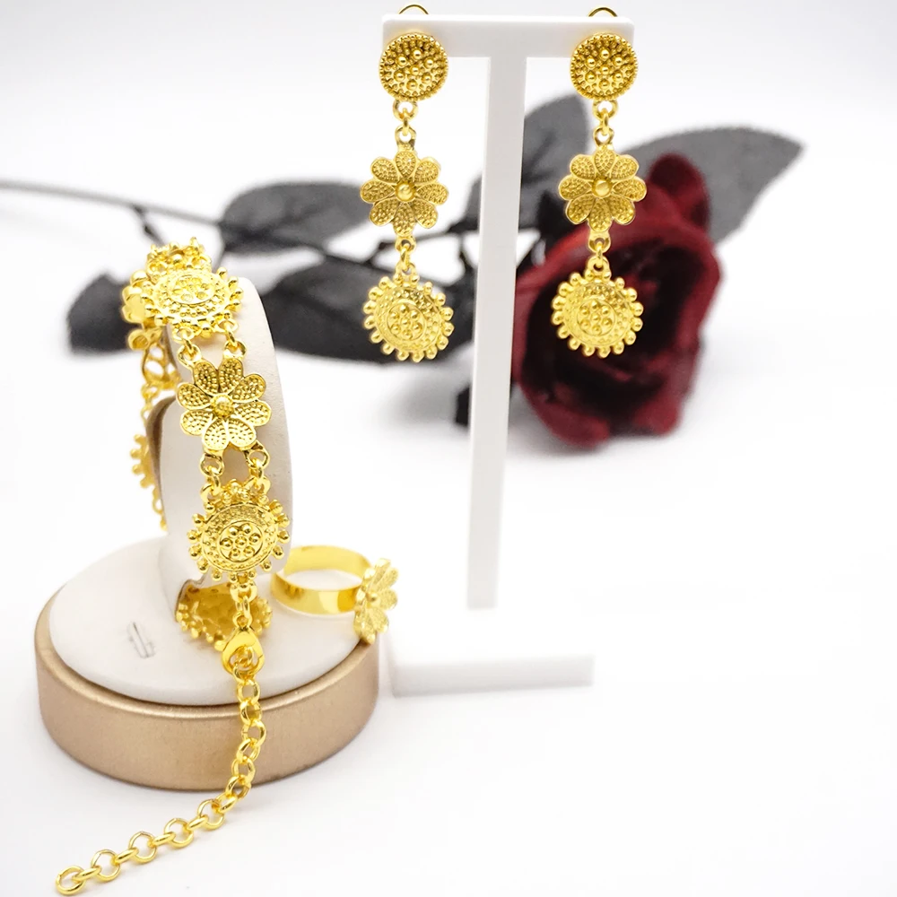 Indian Dubai Gold Color Jewelry Set For Women Bridal Long Necklace Set Nigerian Choker Necklace Bracelet Earring Ring Sets