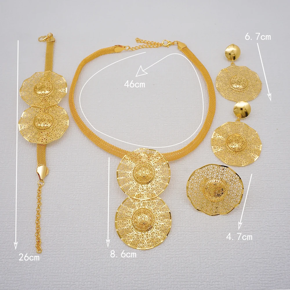 Indian Dubai Gold Color Jewelry Set For Women Bridal Long Necklace Set Nigerian Choker Necklace Bracelet Earring Ring Sets
