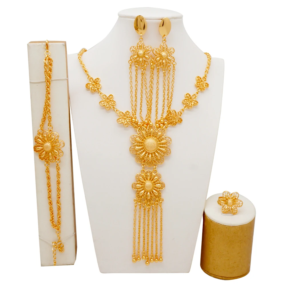 Indian Dubai Gold Color Jewelry Set For Women Bridal Long Necklace Set Nigerian Choker Necklace Bracelet Earring Ring Sets