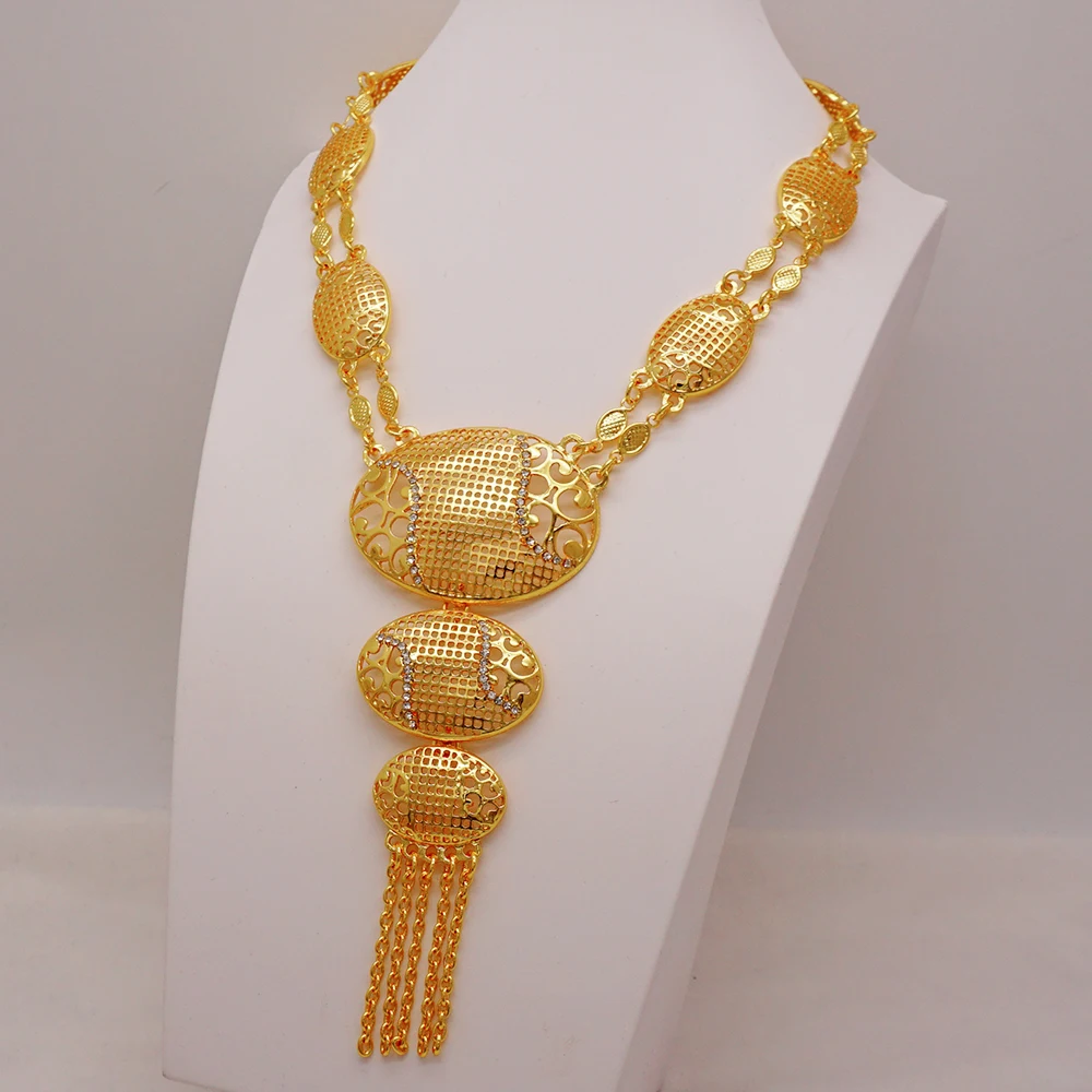 Indian Dubai Gold Color Jewelry Set For Women Bridal Long Necklace Set Nigerian Choker Necklace Bracelet Earring Ring Sets