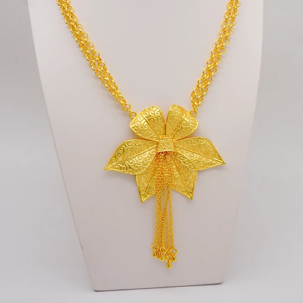 Indian Dubai Gold Color Jewelry Set For Women Bridal Long Necklace Set Nigerian Choker Necklace Bracelet Earring Ring Sets