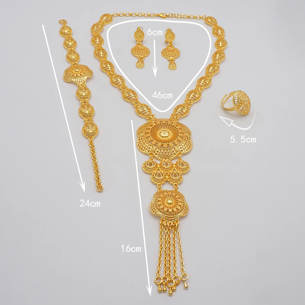 Indian Dubai Gold Color Jewelry Set For Women Bridal Long Necklace Set Nigerian Choker Necklace Bracelet Earring Ring Sets