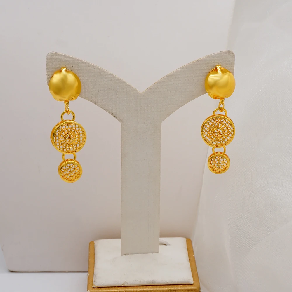 Indian Dubai Gold Color Jewelry Set For Women Bridal Long Necklace Set Nigerian Choker Necklace Bracelet Earring Ring Sets