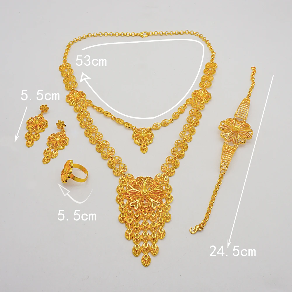 Indian Dubai Gold Color Jewelry Set For Women Bridal Long Necklace Set Nigerian Choker Necklace Bracelet Earring Ring Sets