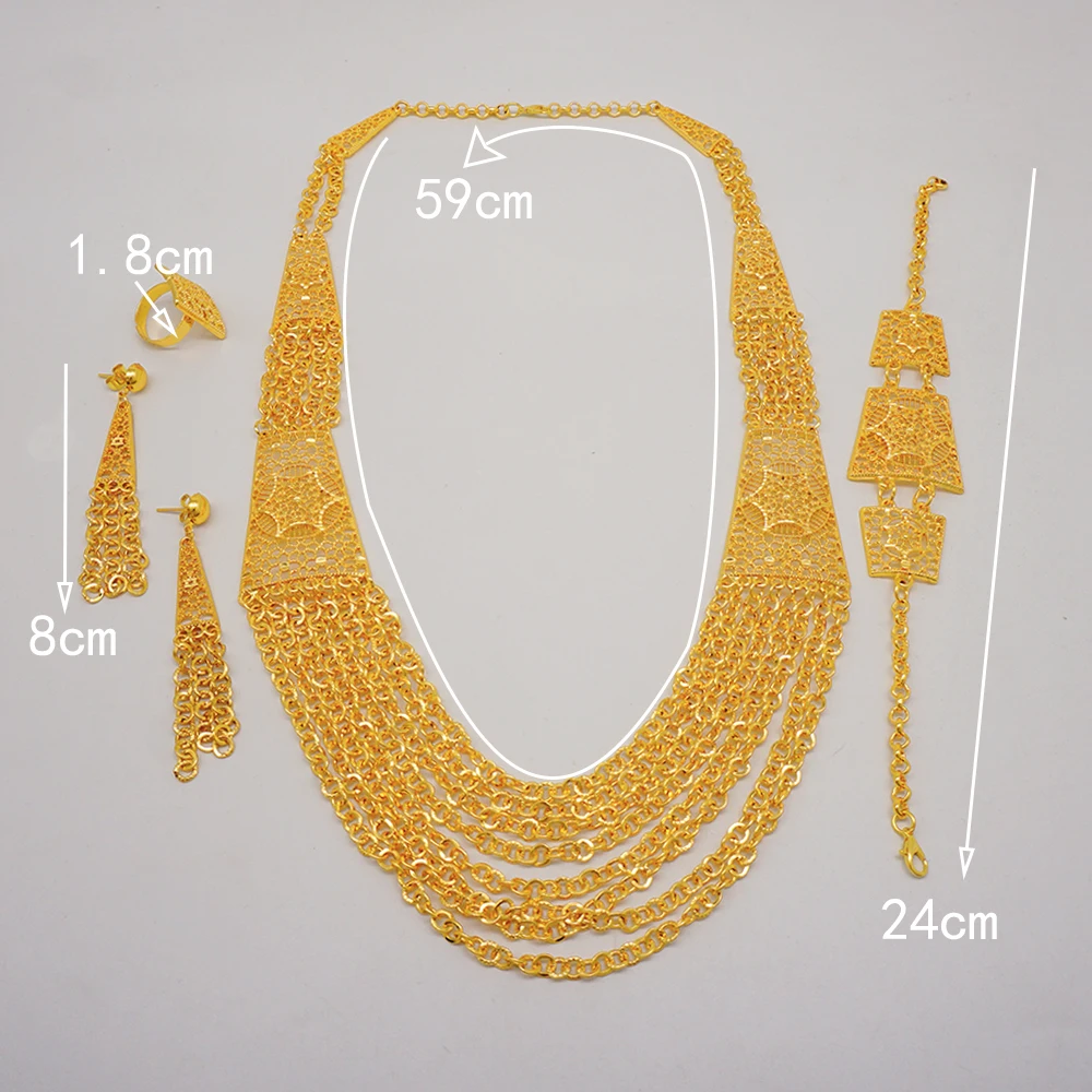 Indian Dubai Gold Color Jewelry Set For Women Bridal Long Necklace Set Nigerian Choker Necklace Bracelet Earring Ring Sets