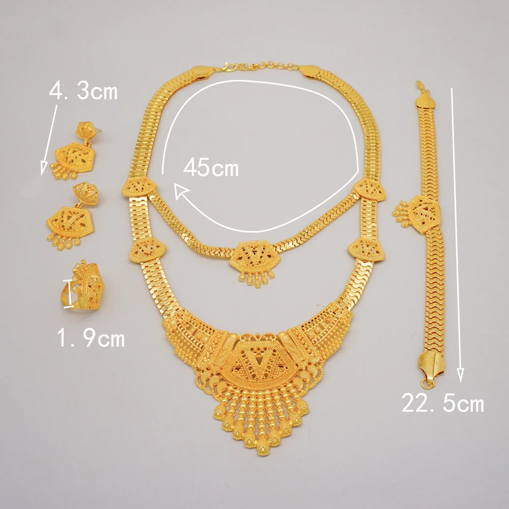 Indian Dubai Gold Color Jewelry Set For Women Bridal Long Necklace Set Nigerian Choker Necklace Bracelet Earring Ring Sets