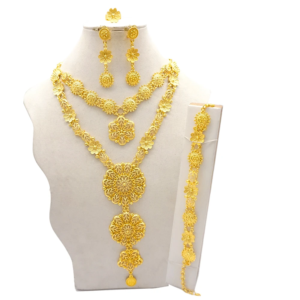 Indian Dubai Gold Color Jewelry Set For Women Bridal Long Necklace Set Nigerian Choker Necklace Bracelet Earring Ring Sets