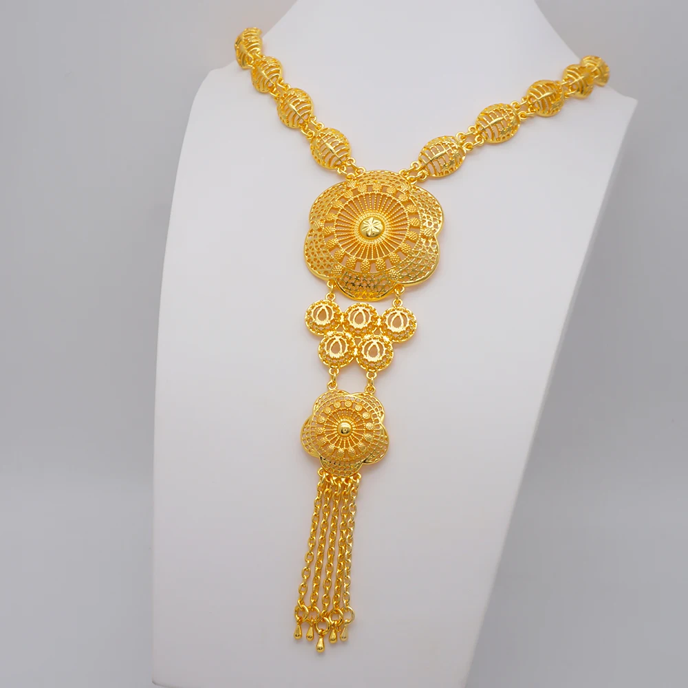 Indian Dubai Gold Color Jewelry Set For Women Bridal Long Necklace Set Nigerian Choker Necklace Bracelet Earring Ring Sets