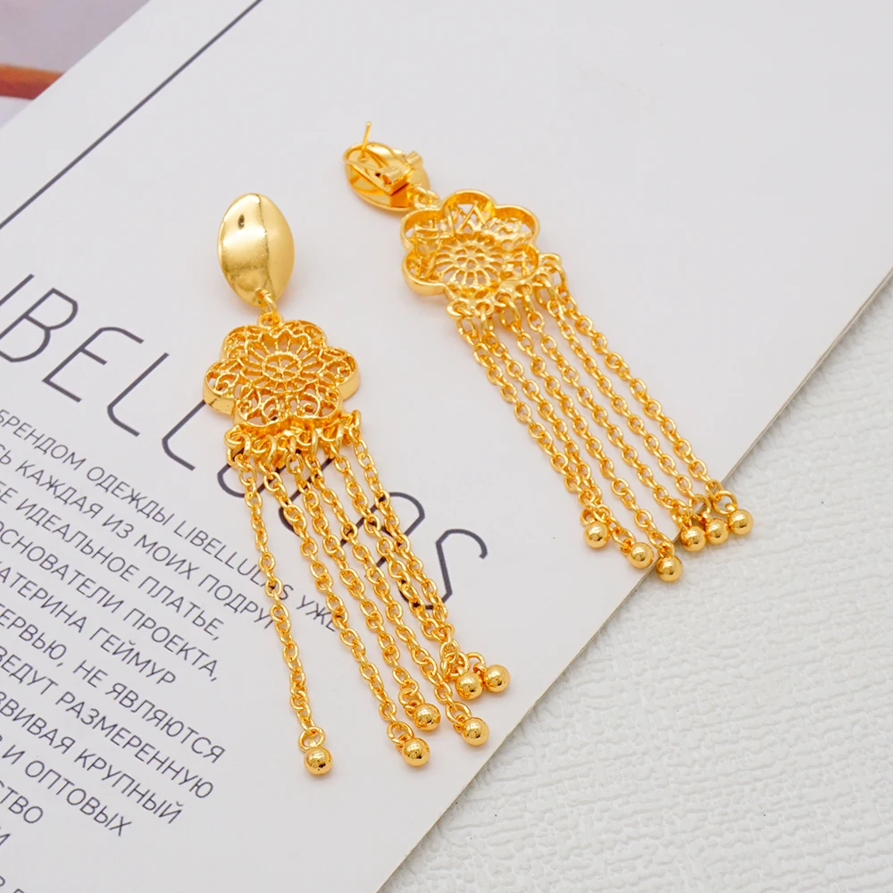 Indian Dubai Gold Color Jewelry Set For Women Bridal Long Necklace Set Nigerian Choker Necklace Bracelet Earring Ring Sets