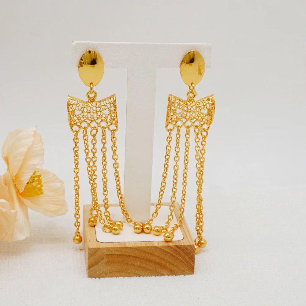 Indian Dubai Gold Color Jewelry Set For Women Bridal Long Necklace Set Nigerian Choker Necklace Bracelet Earring Ring Sets