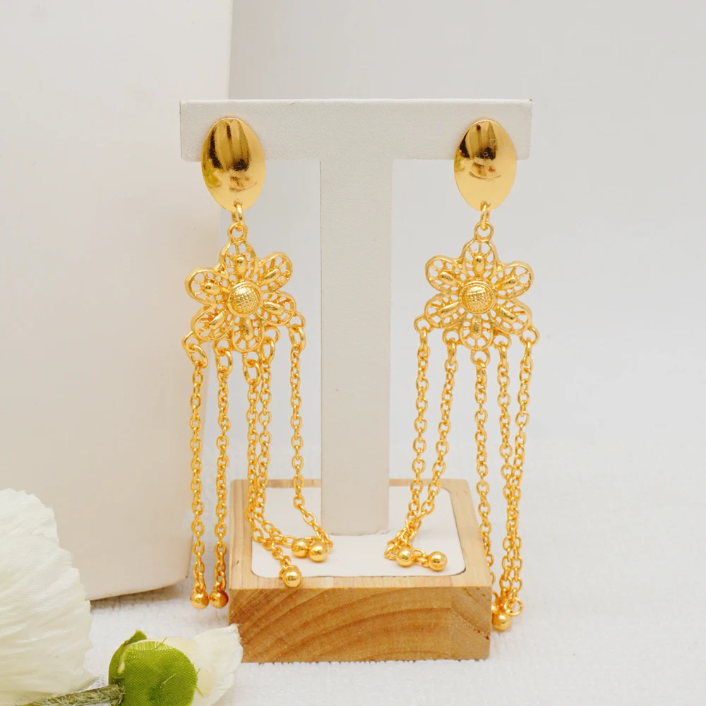 Indian Dubai Gold Color Jewelry Set For Women Bridal Long Necklace Set Nigerian Choker Necklace Bracelet Earring Ring Sets