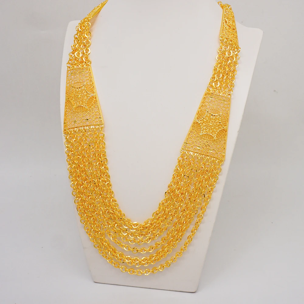 Indian Dubai Gold Color Jewelry Set For Women Bridal Long Necklace Set Nigerian Choker Necklace Bracelet Earring Ring Sets