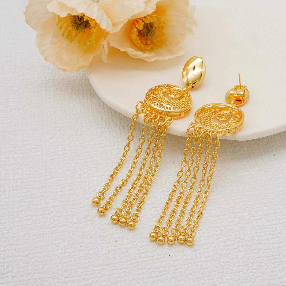 Indian Dubai Gold Color Jewelry Set For Women Bridal Long Necklace Set Nigerian Choker Necklace Bracelet Earring Ring Sets