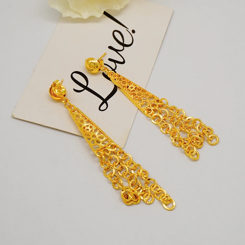 Indian Dubai Gold Color Jewelry Set For Women Bridal Long Necklace Set Nigerian Choker Necklace Bracelet Earring Ring Sets