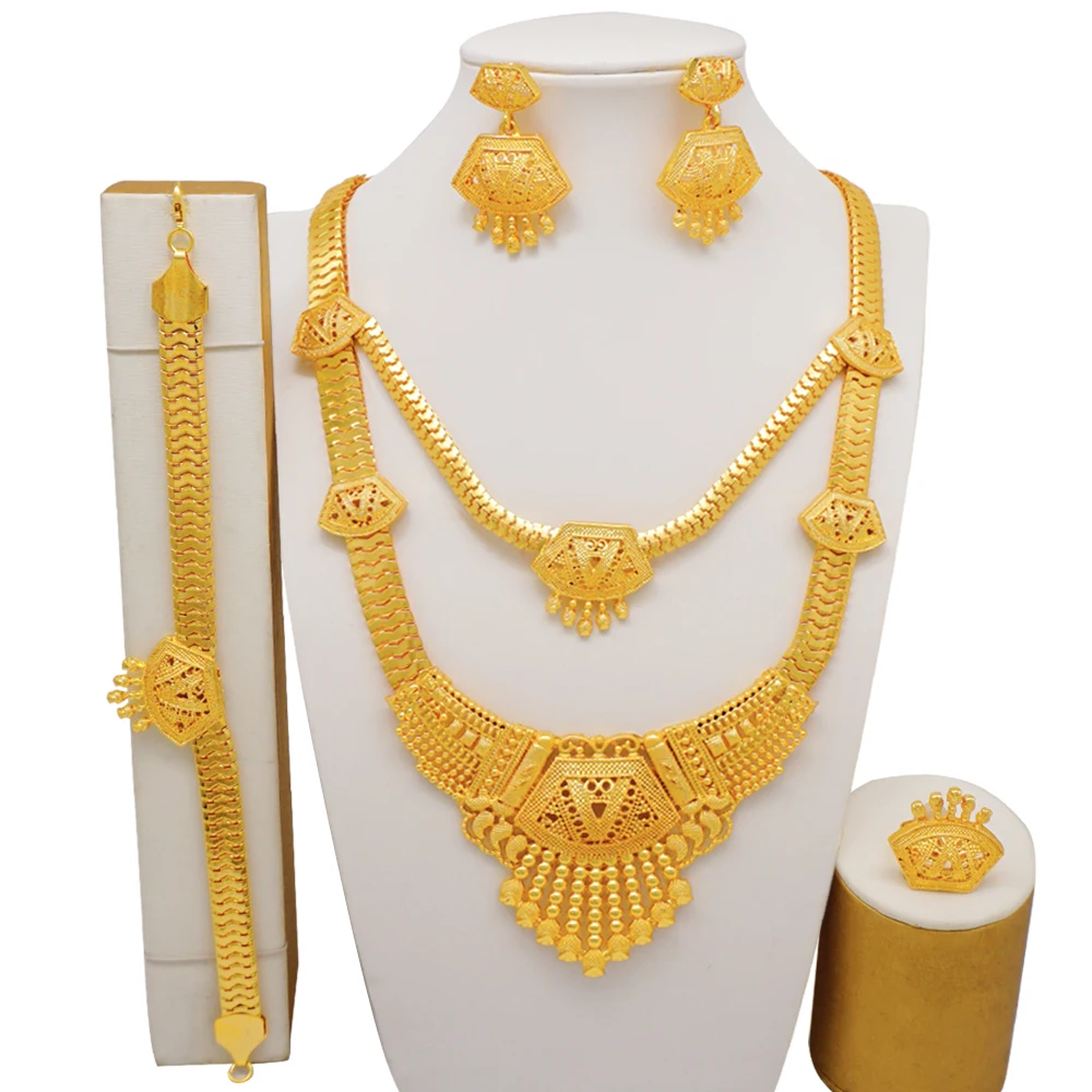 Indian Dubai Gold Color Jewelry Set For Women Bridal Long Necklace Set Nigerian Choker Necklace Bracelet Earring Ring Sets