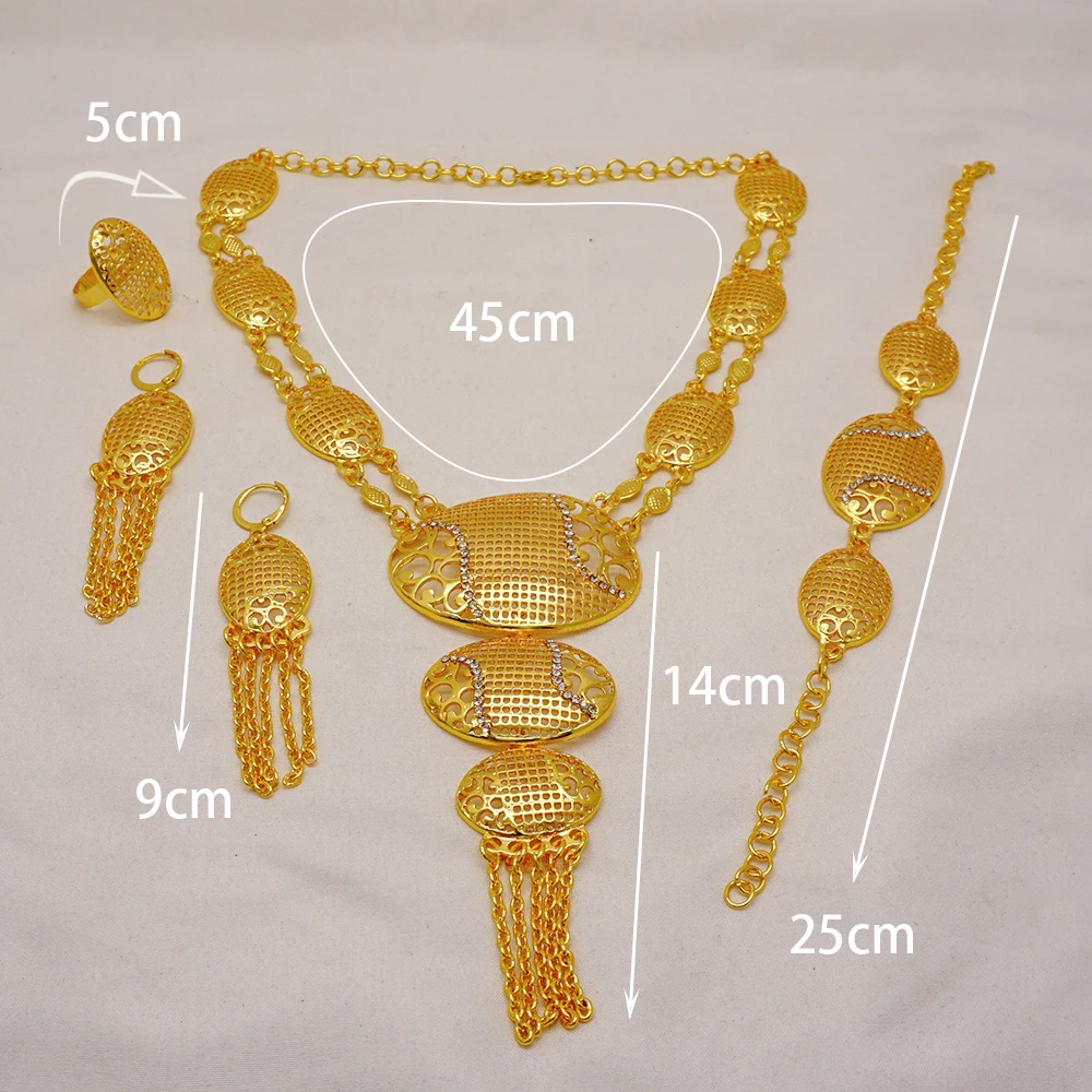 Indian Dubai Gold Color Jewelry Set For Women Bridal Long Necklace Set Nigerian Choker Necklace Bracelet Earring Ring Sets