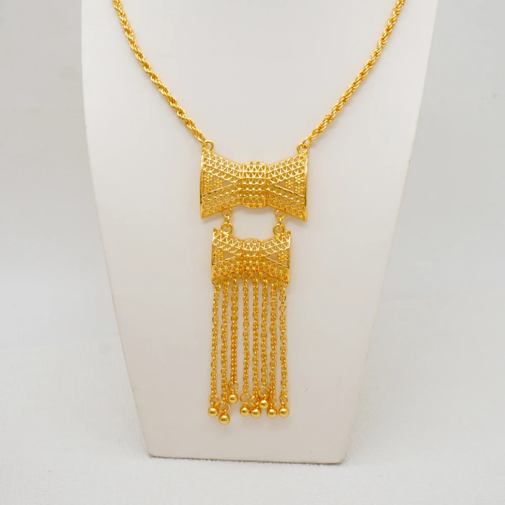 Indian Dubai Gold Color Jewelry Set For Women Bridal Long Necklace Set Nigerian Choker Necklace Bracelet Earring Ring Sets