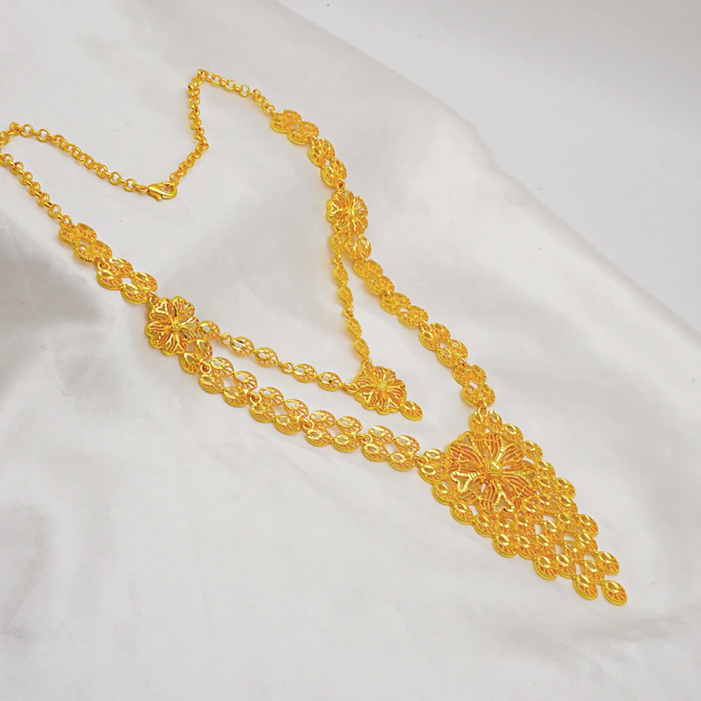 Indian Dubai Gold Color Jewelry Set For Women Bridal Long Necklace Set Nigerian Choker Necklace Bracelet Earring Ring Sets