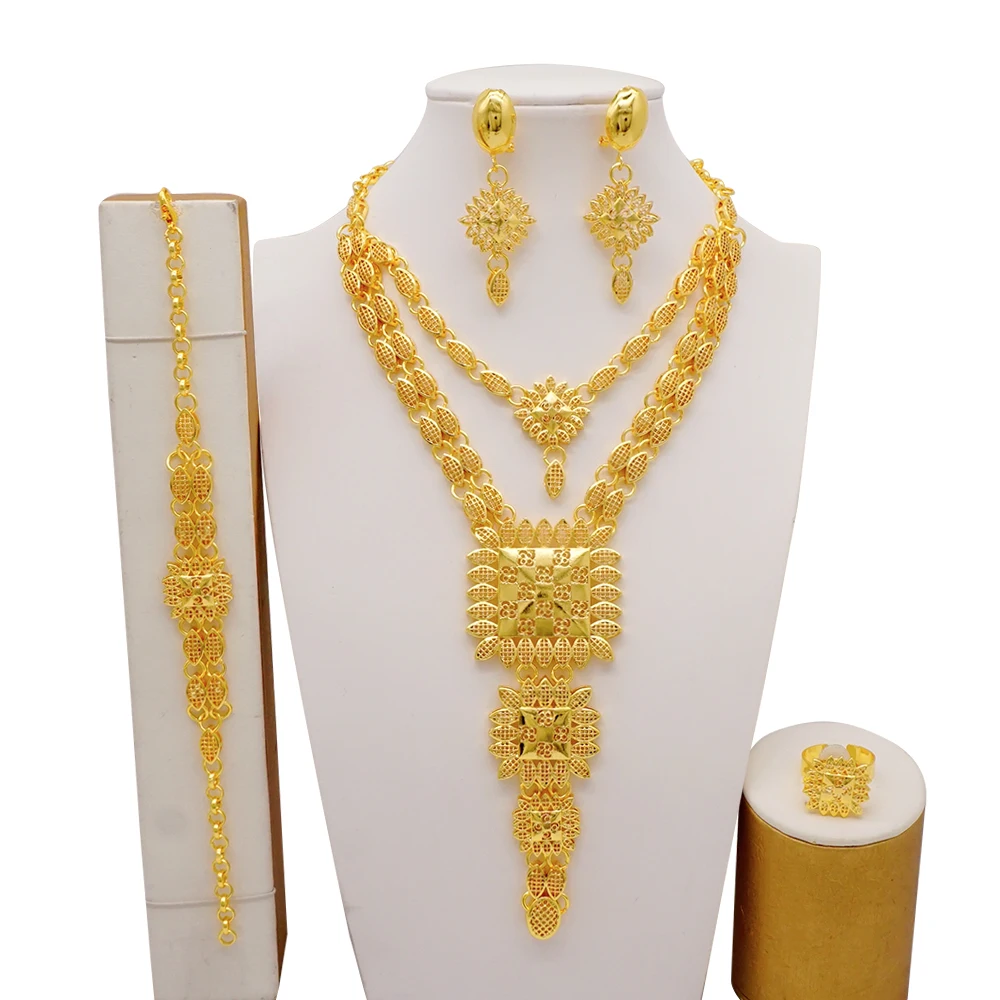 Indian Dubai Gold Color Jewelry Set For Women Bridal Long Necklace Set Nigerian Choker Necklace Bracelet Earring Ring Sets