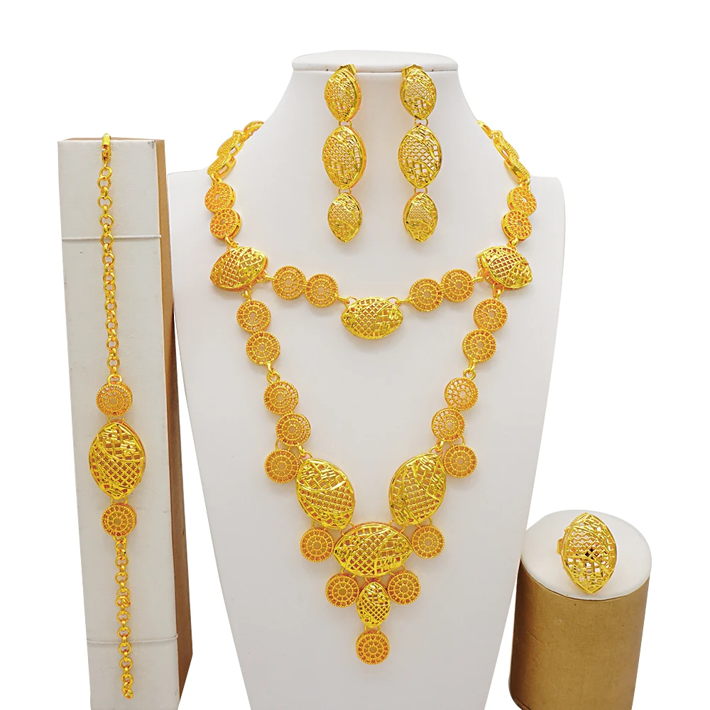 Indian Dubai Gold Color Jewelry Set For Women Bridal Long Necklace Set Nigerian Choker Necklace Bracelet Earring Ring Sets