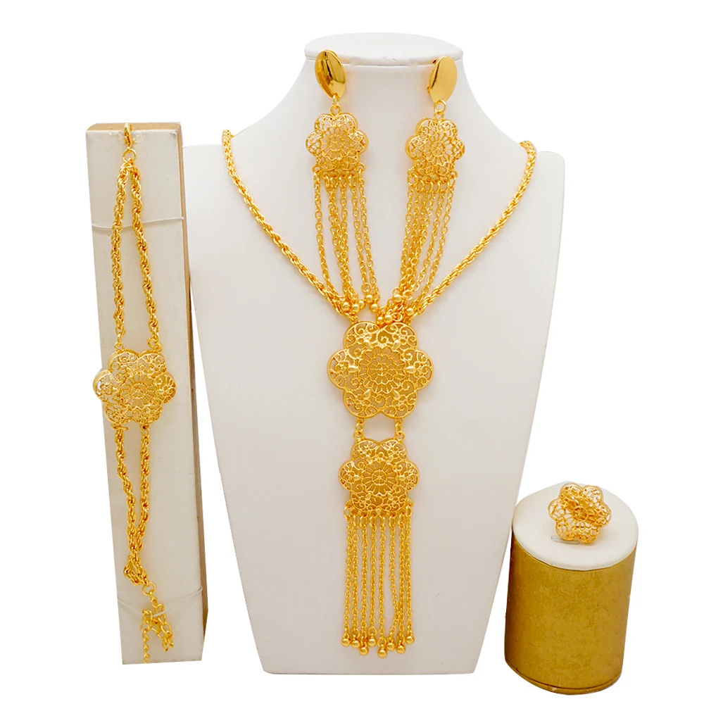Indian Dubai Gold Color Jewelry Set For Women Bridal Long Necklace Set Nigerian Choker Necklace Bracelet Earring Ring Sets