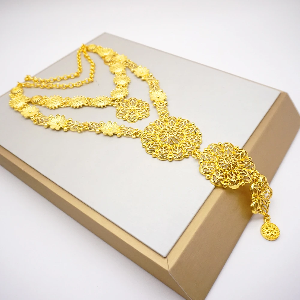 Indian Dubai Gold Color Jewelry Set For Women Bridal Long Necklace Set Nigerian Choker Necklace Bracelet Earring Ring Sets