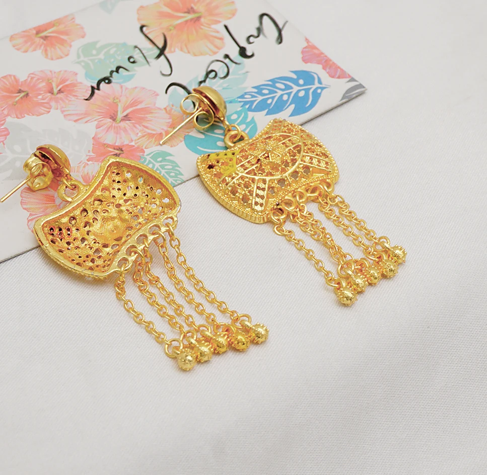 Indian Dubai Gold Color Jewelry Set For Women Bridal Long Necklace Set Nigerian Choker Necklace Bracelet Earring Ring Sets