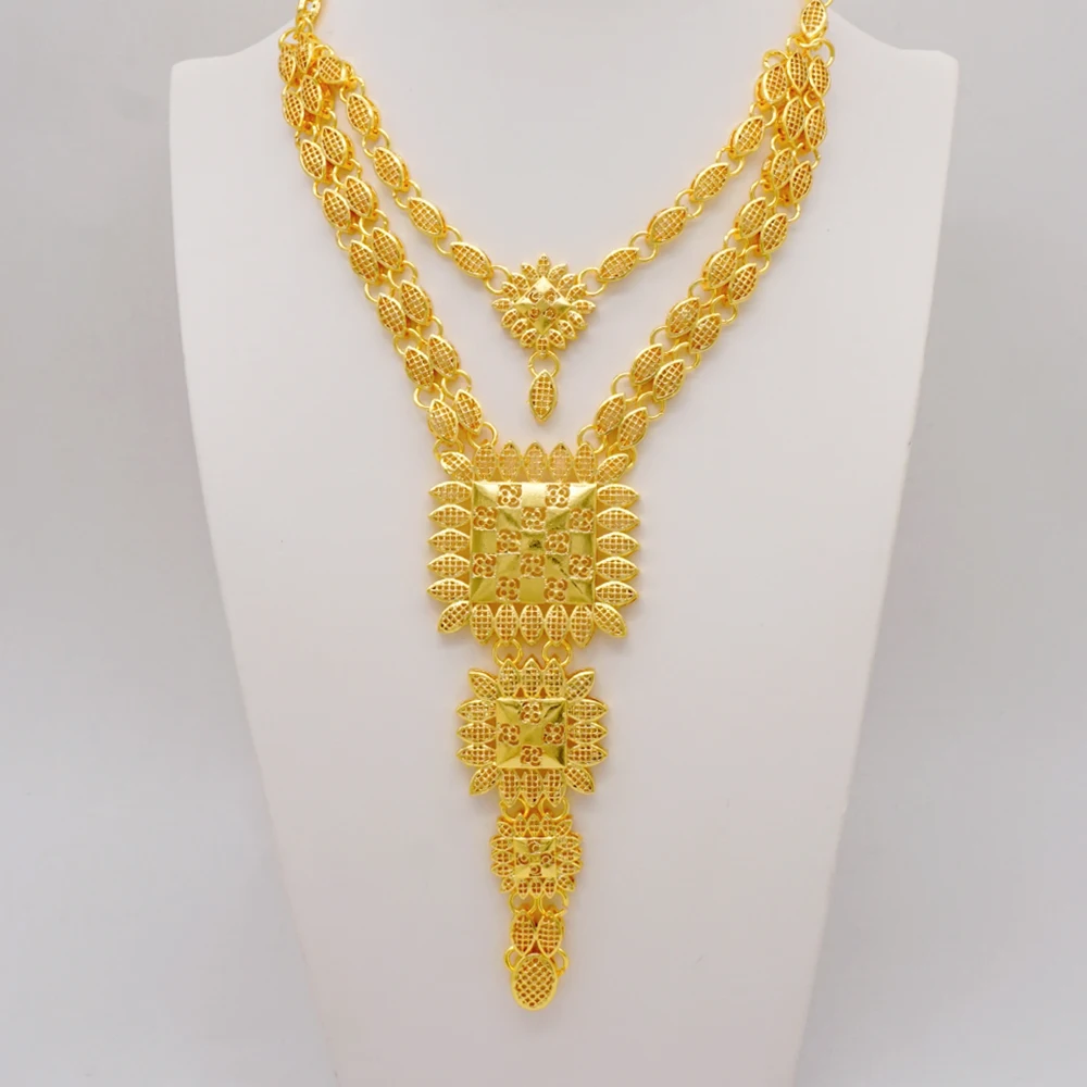 Indian Dubai Gold Color Jewelry Set For Women Bridal Long Necklace Set Nigerian Choker Necklace Bracelet Earring Ring Sets