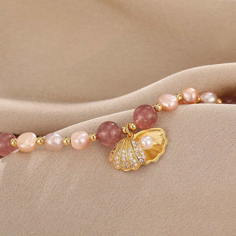100% Pink Freshwater Pearl & Strawberry Quartz Trendy Shell Design 14K Gold Filled Female Charm Bracelets For Women Gifts