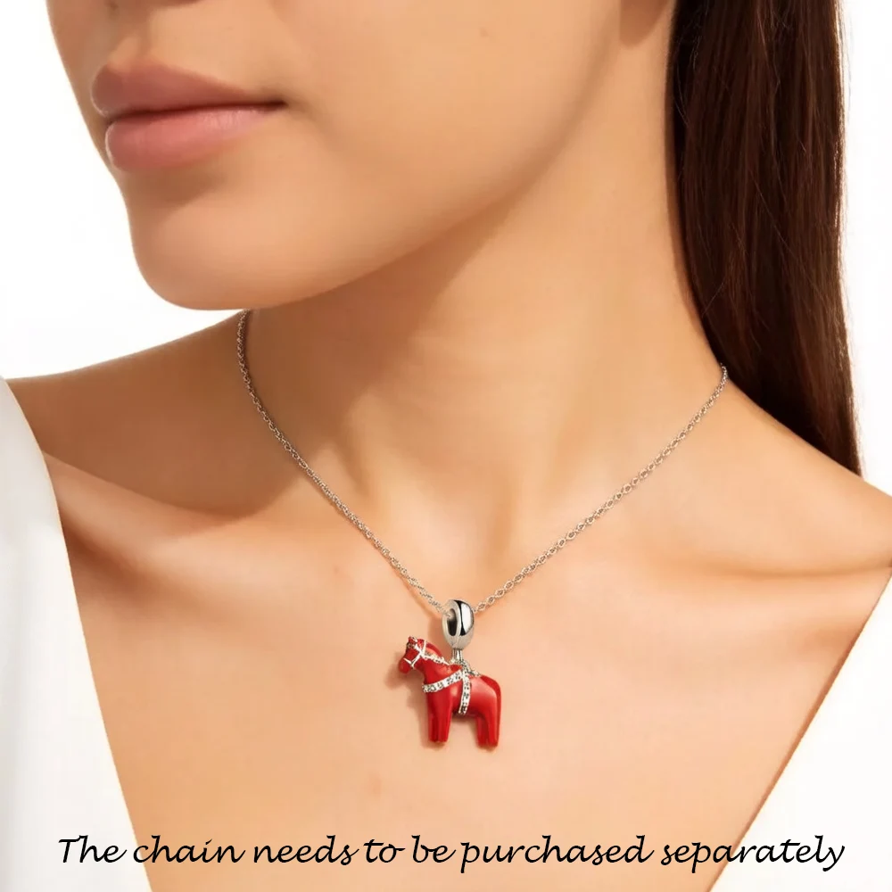 Red Dalarna Horse Pendant 925 Sterling Silver Dangle Charm Fit Bracelet Necklace Women Men Vintage Fine Jewelry
