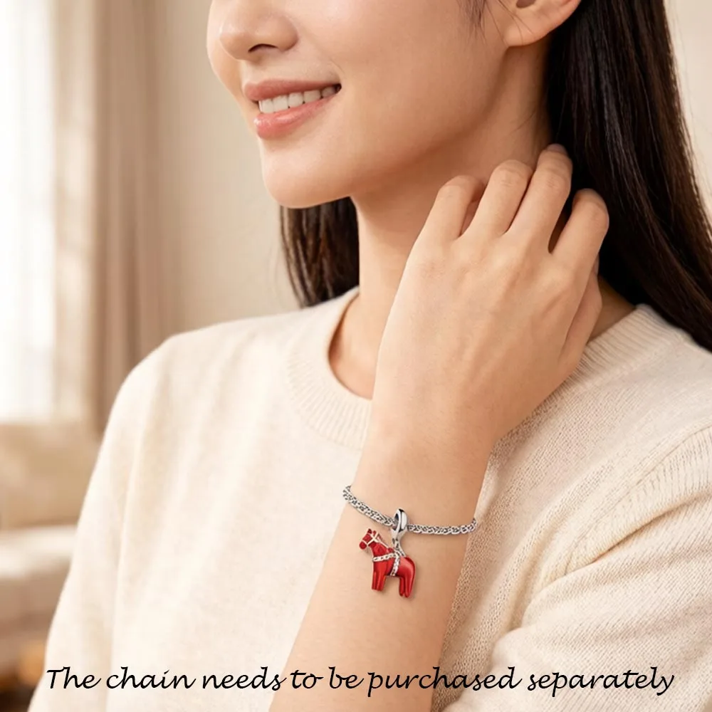 Red Dalarna Horse Pendant 925 Sterling Silver Dangle Charm Fit Bracelet Necklace Women Men Vintage Fine Jewelry