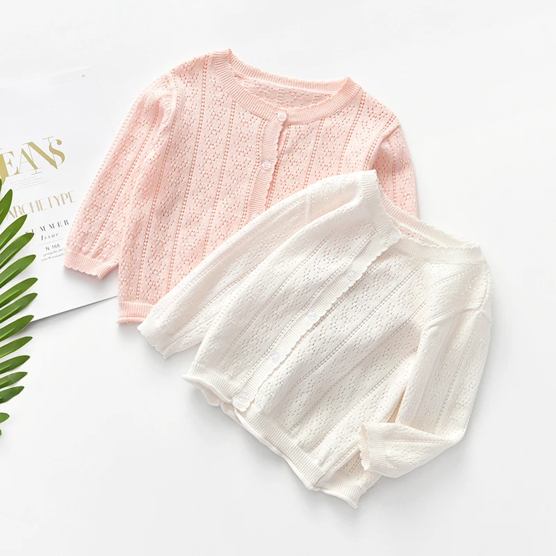 Spring and Autumn Newborn Baby Girl Pure Cotton Sweater Cardigan Hollow Knitted Thin Jacket