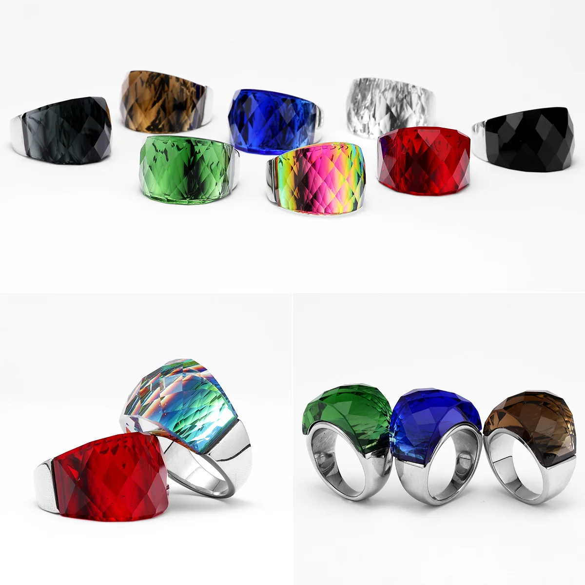 Multicolor Luxury Glass Crystal Men Rings Stainless Steel Women Jewelry Punk Rock Cool Stuff Fashion Accessories Gift Wholesale