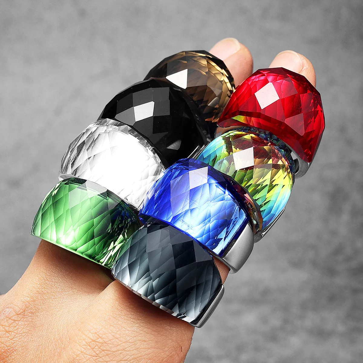 Multicolor Luxury Glass Crystal Men Rings Stainless Steel Women Jewelry Punk Rock Cool Stuff Fashion Accessories Gift Wholesale