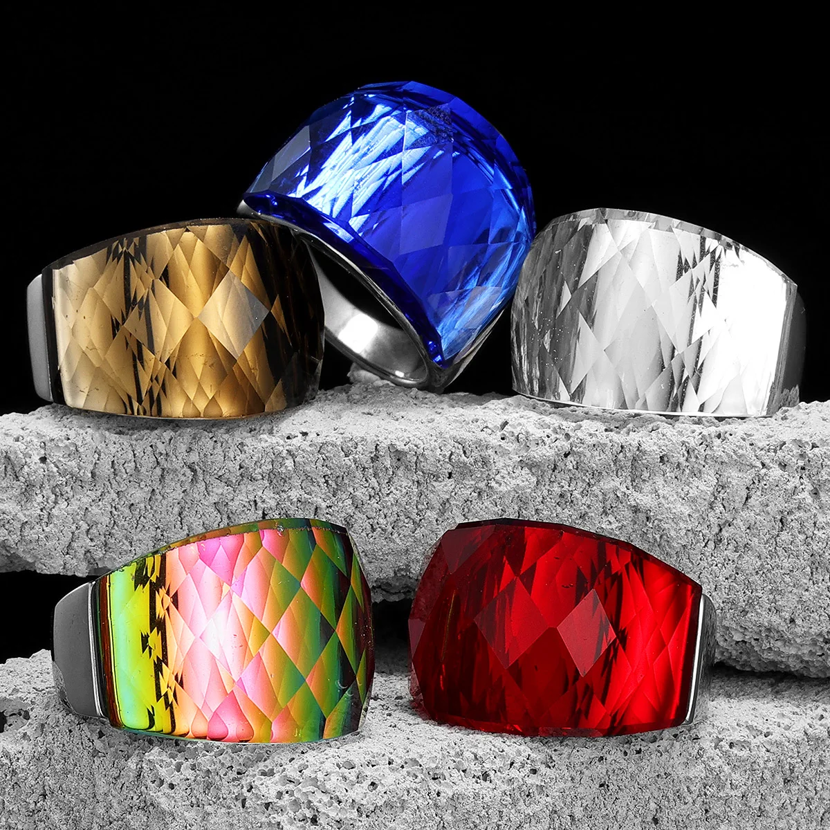 Multicolor Luxury Glass Crystal Men Rings Stainless Steel Women Jewelry Punk Rock Cool Stuff Fashion Accessories Gift Wholesale