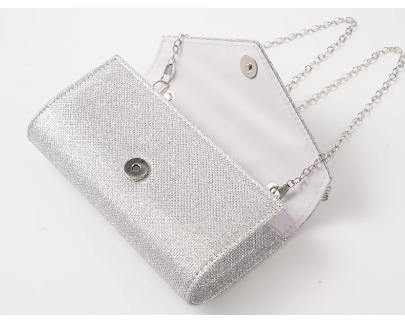 Women Envelope Evening Bag Glitter Ladies Chain Shoulder Bags Shiny Silver Long Purse Female Wedding Party Clutches Mini Handbag
