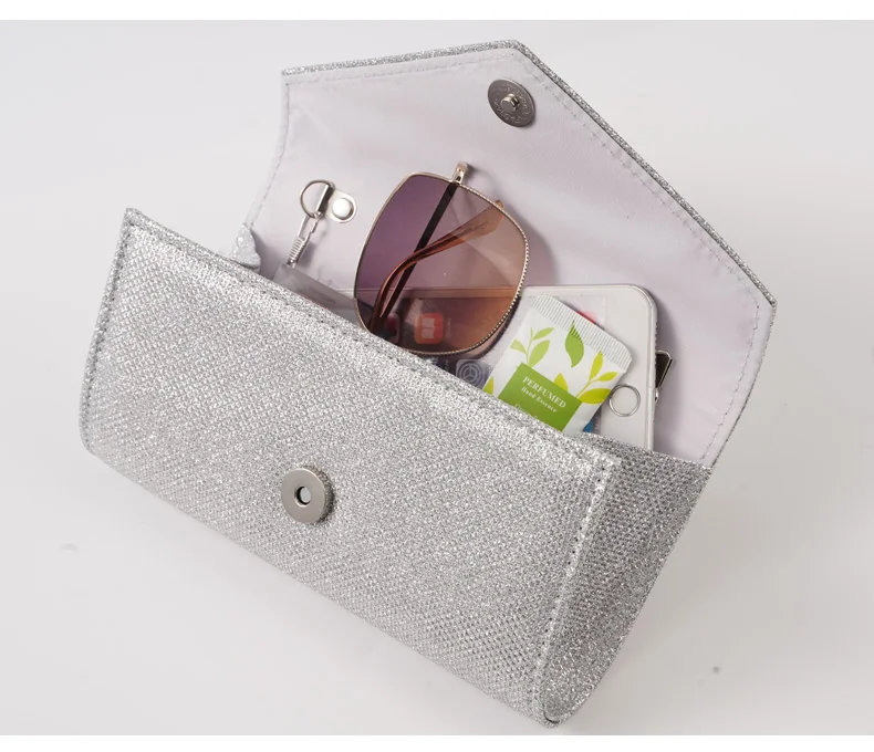 Women Envelope Evening Bag Glitter Ladies Chain Shoulder Bags Shiny Silver Long Purse Female Wedding Party Clutches Mini Handbag