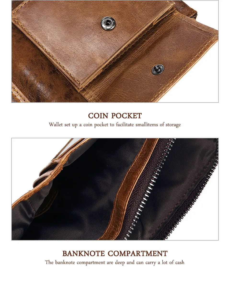 KAVIS Crazy Horse Leather Men Wallets Vintage Cowboy Travel Wallet Card Holder Fashion Coin Purse for Women with Extenal Cardbag