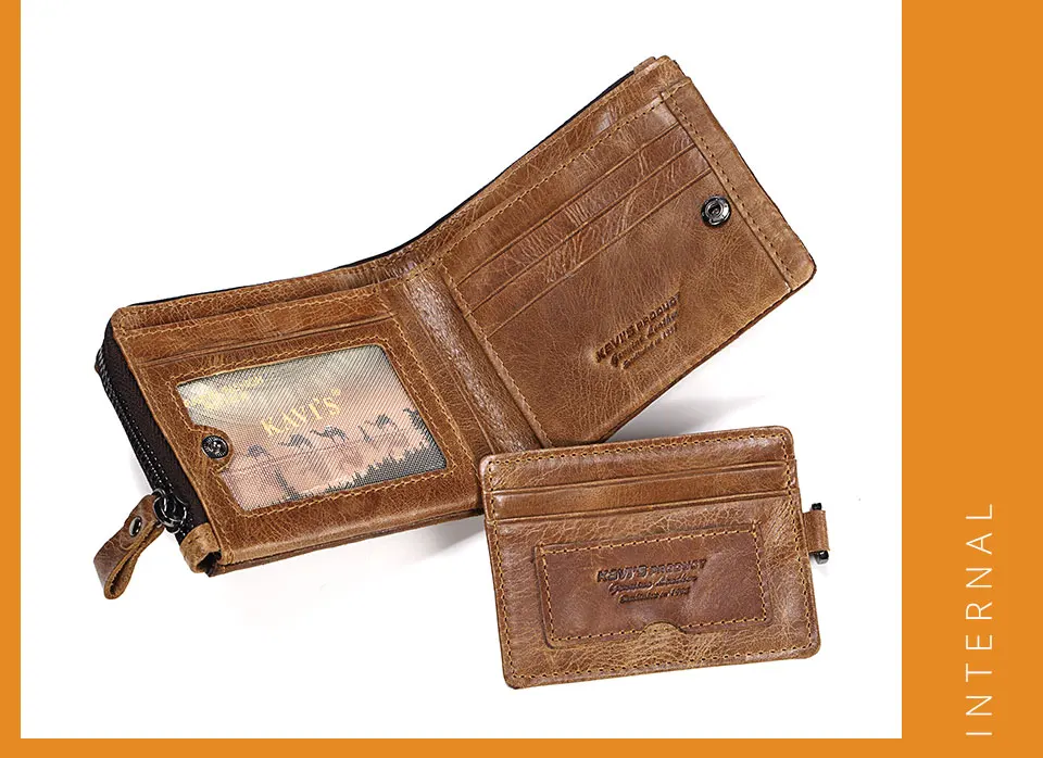 KAVIS Crazy Horse Leather Men Wallets Vintage Cowboy Travel Wallet Card Holder Fashion Coin Purse for Women with Extenal Cardbag
